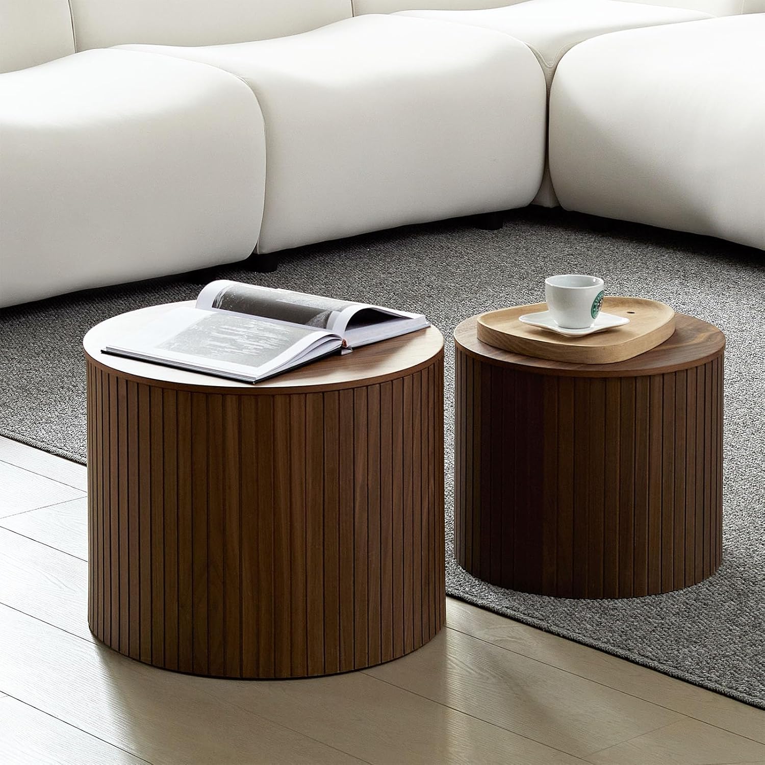Nesting Coffee Table Set of 2 Modern Round Coffee Tables End Table with Storage Natural Wood Veneer for Living Room Apartment Small Space (Walnut, 19 Inch)
