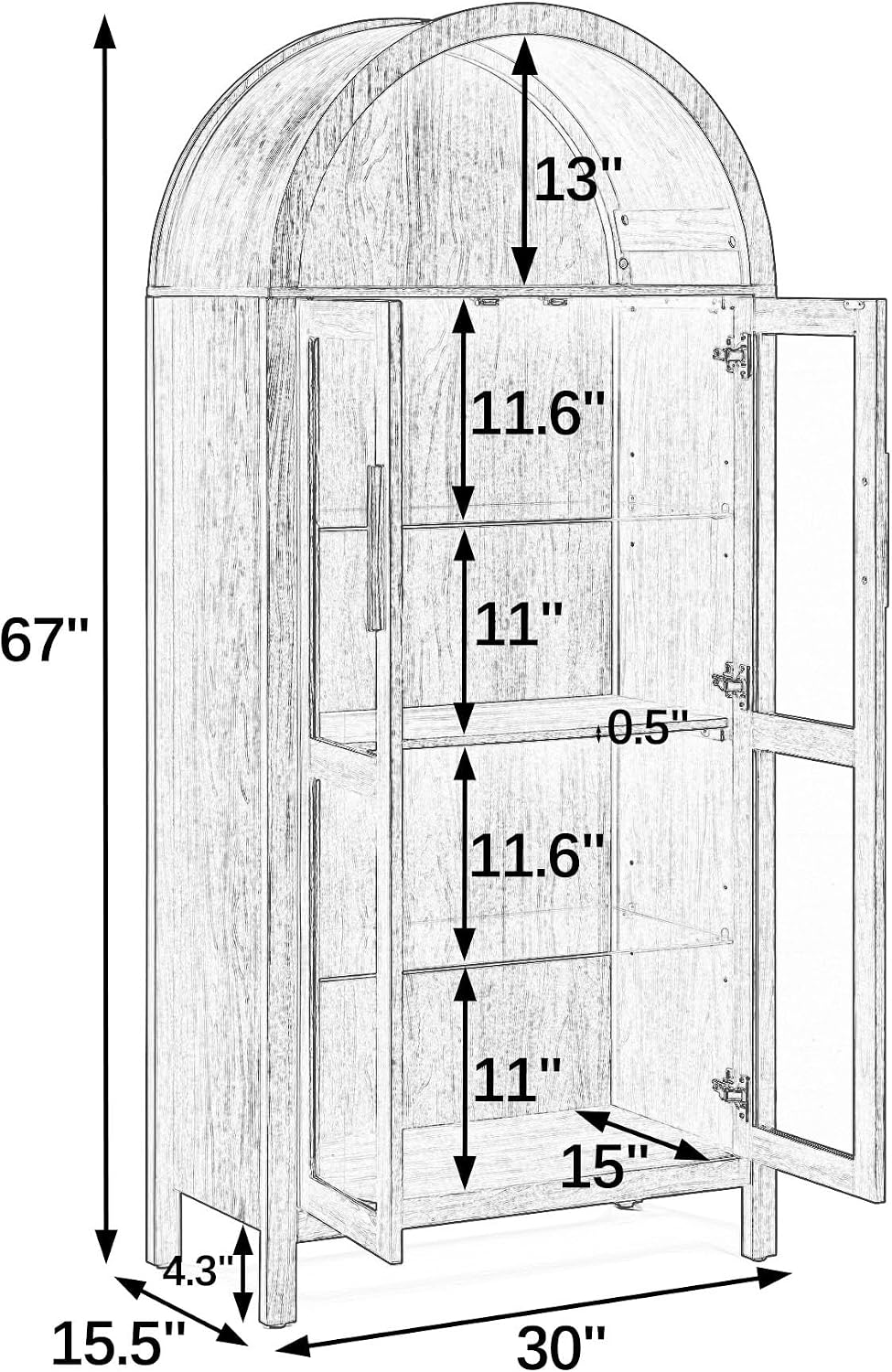 HRVEOCEI White Arched Cabinet with Glass Doors, Tall Arch Kitchen Pantry with 2 Large Drawers & Adjustable Shelves/Golden Handles, Wood Hutch Cabinet for Kitchen,Living Room (White) (Black led)
