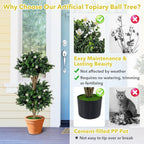 Goplus 3 FT Artificial Double Ball Boxwood Topiary Trees, Set of 2 Faux Bush Plant w/41 Blossoms, Cement-Filled Plastic Pot, Sun-Proof Indoor Outdoor Fake Greenery for Porch Home Decoration (White)
