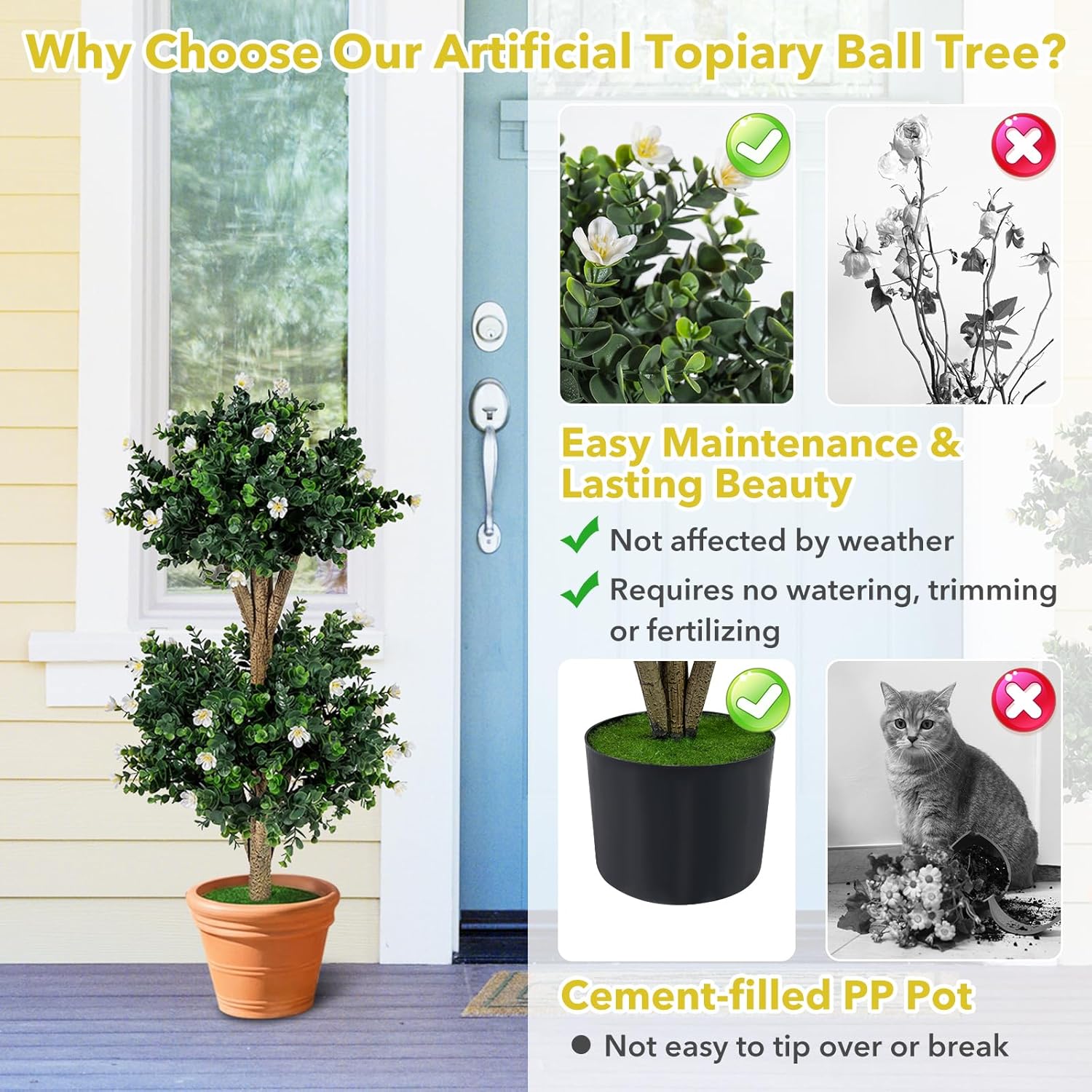 Goplus 3 FT Artificial Double Ball Boxwood Topiary Trees, Set of 2 Faux Bush Plant w/41 Blossoms, Cement-Filled Plastic Pot, Sun-Proof Indoor Outdoor Fake Greenery for Porch Home Decoration (White)