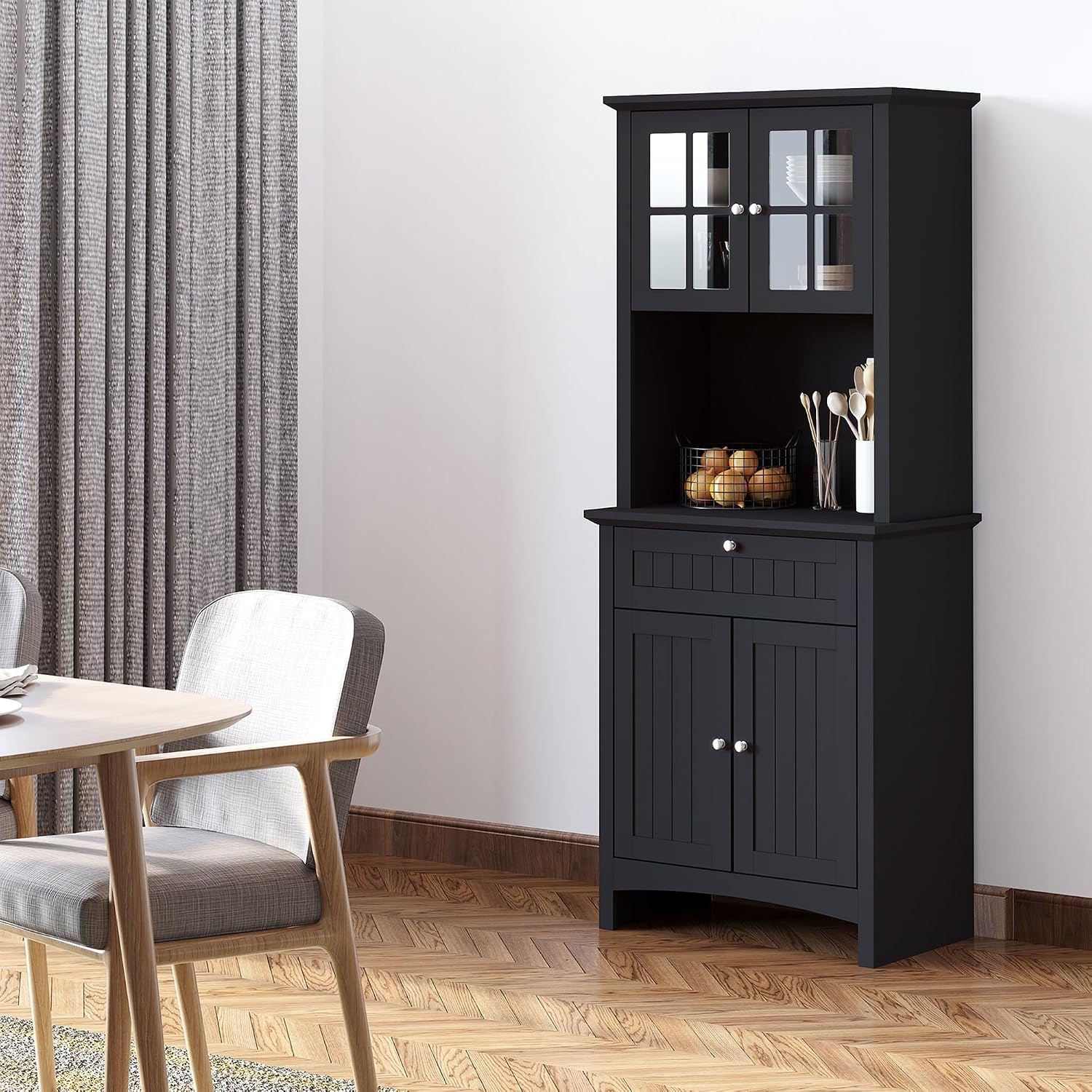 Kitchen Pantry Storage Cabinet with Framed Glass Door Drawer and Microwave Space, Black,for Kitchen