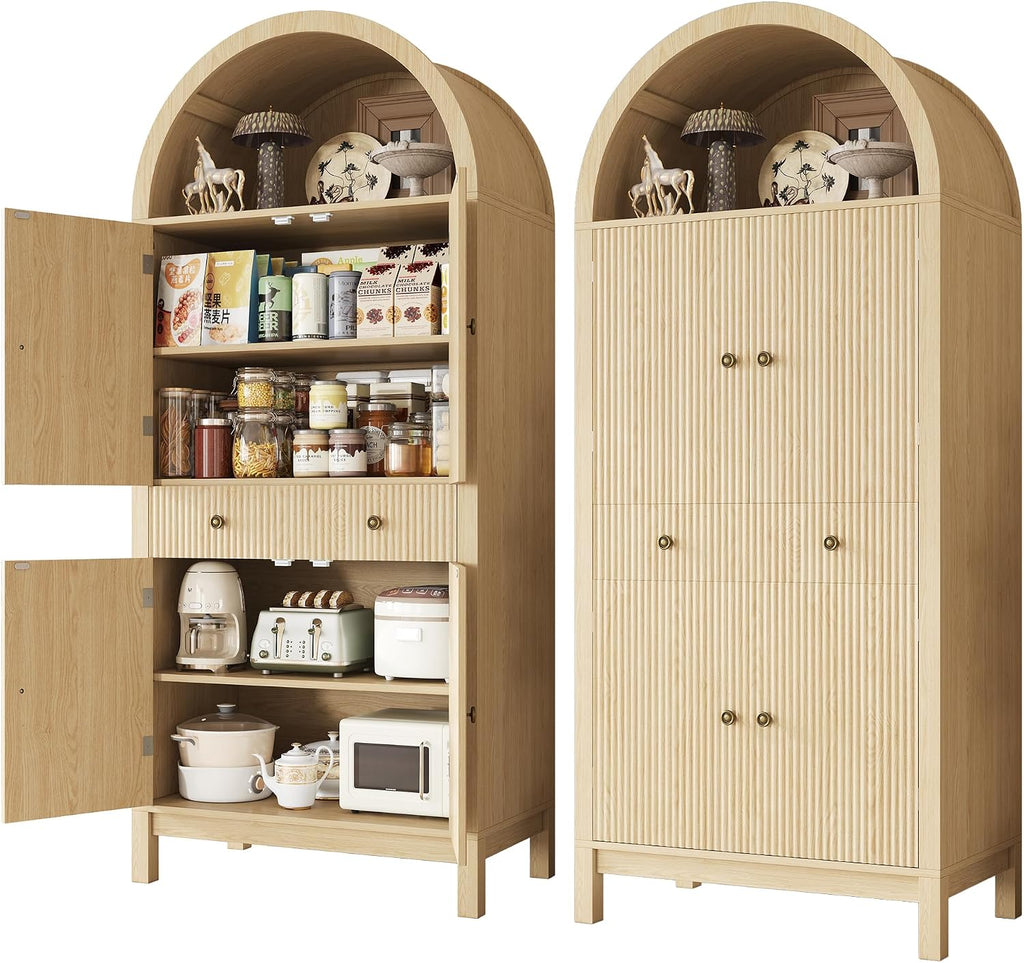 Apicizon 70" Tall Arched Kitchen Pantry Cabinet, 6-Tier Modern Fluted Wood Storage Cabinet with Doors Drawer & Adjustable Shelves, Farmhouse Cupboard Organizer for Dining Room, Bathroom, Natural