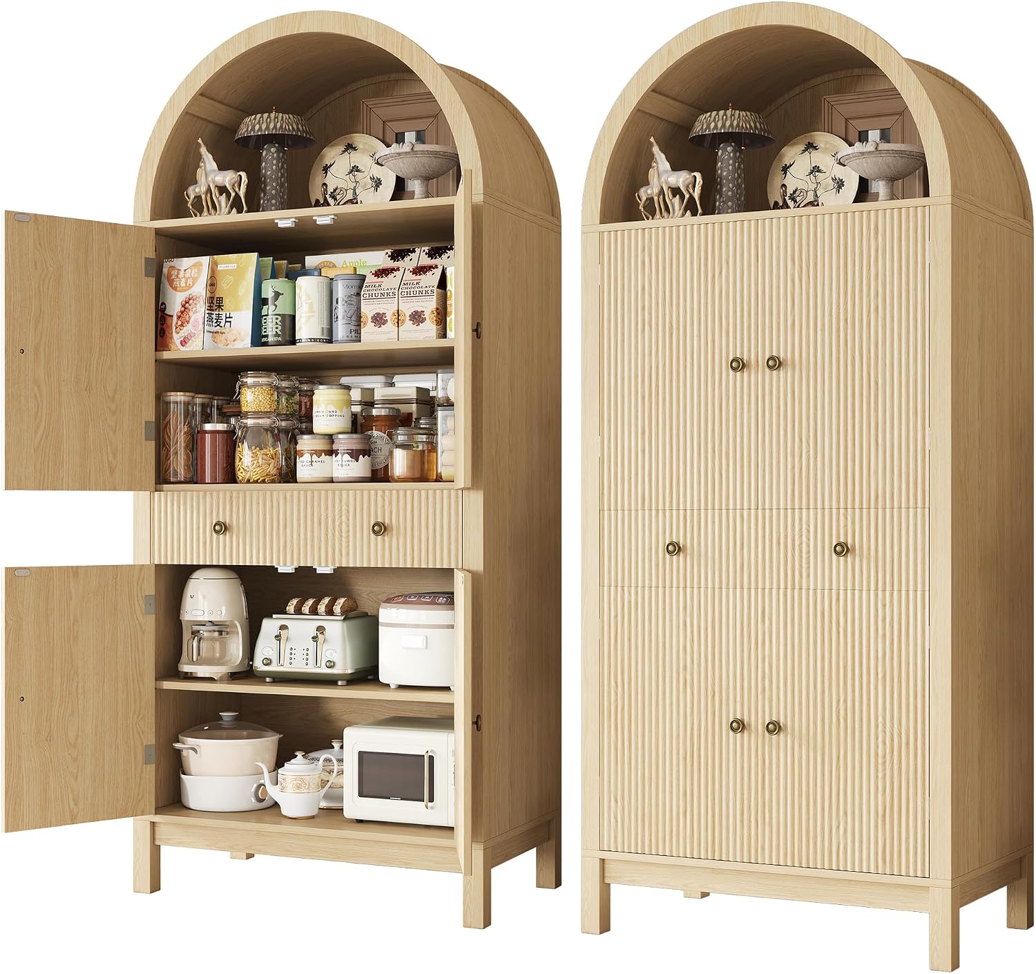 Apicizon 70" Tall Arched Kitchen Pantry Cabinet, 6-Tier Modern Fluted Wood Storage Cabinet with Doors Drawer & Adjustable Shelves, Farmhouse Cupboard Organizer for Dining Room, Bathroom, Natural