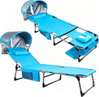 Tanning Chair with Sun Canopy,27 Inch Oversized Folding Tanning Chair with Face Hole and Pillow,Heavy Duty Folding Lounge Chair,Adjustable 3-Position Patio Chaise Lounge,220 LBS Blue