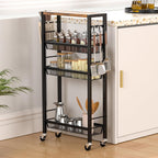 Slim Rolling Cart, 4-Tier Narrow Kitchen Storage Cart, Slim Utility Cart on Wheel, Skinny Bathroom storage cart with Wood Tabletop, 6.0" Deep, For Kitchen, Dining Room, Living Room, Laundry Room