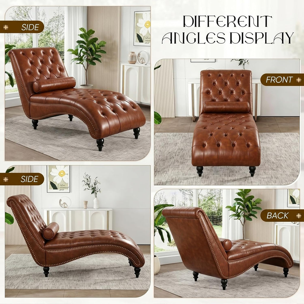 Faux Leather Chaise Lounge Indoor with Toss Pillow, Modern Chaise Lounge Chair, Upholstered PU Armless Ergonomic Chairs with Tufted Buttons and Nail Heads for Living Room, Bedroom Furniture, Brown