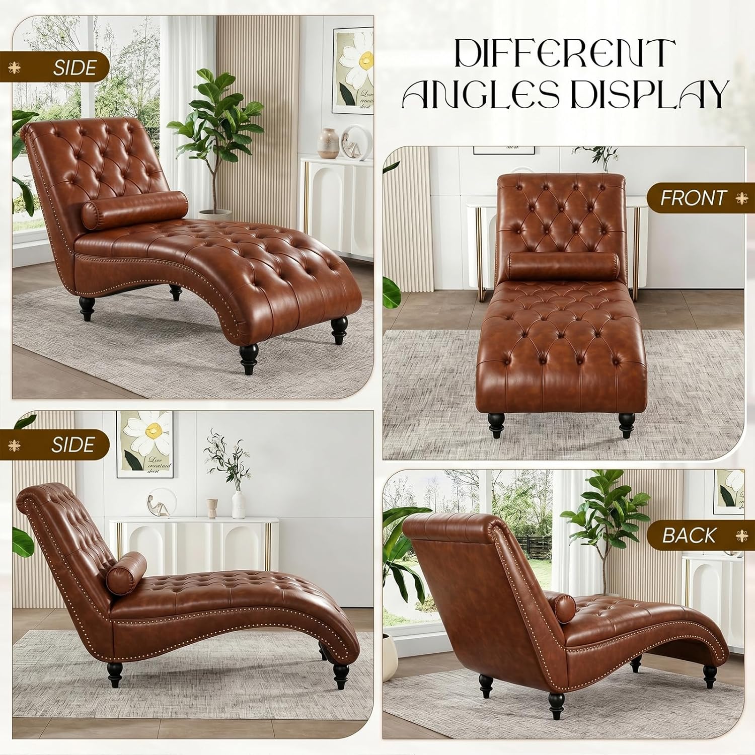 Faux Leather Chaise Lounge Indoor with Toss Pillow, Modern Chaise Lounge Chair, Upholstered PU Armless Ergonomic Chairs with Tufted Buttons and Nail Heads for Living Room, Bedroom Furniture, Brown