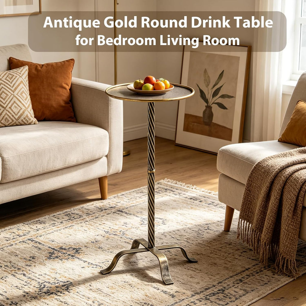 Metal Martini Table, Modern Antique Gold Side Table with 4 Legs, 27.75" Small Round Drink Table for Small Spaces Living Room Sofa Couch Patio