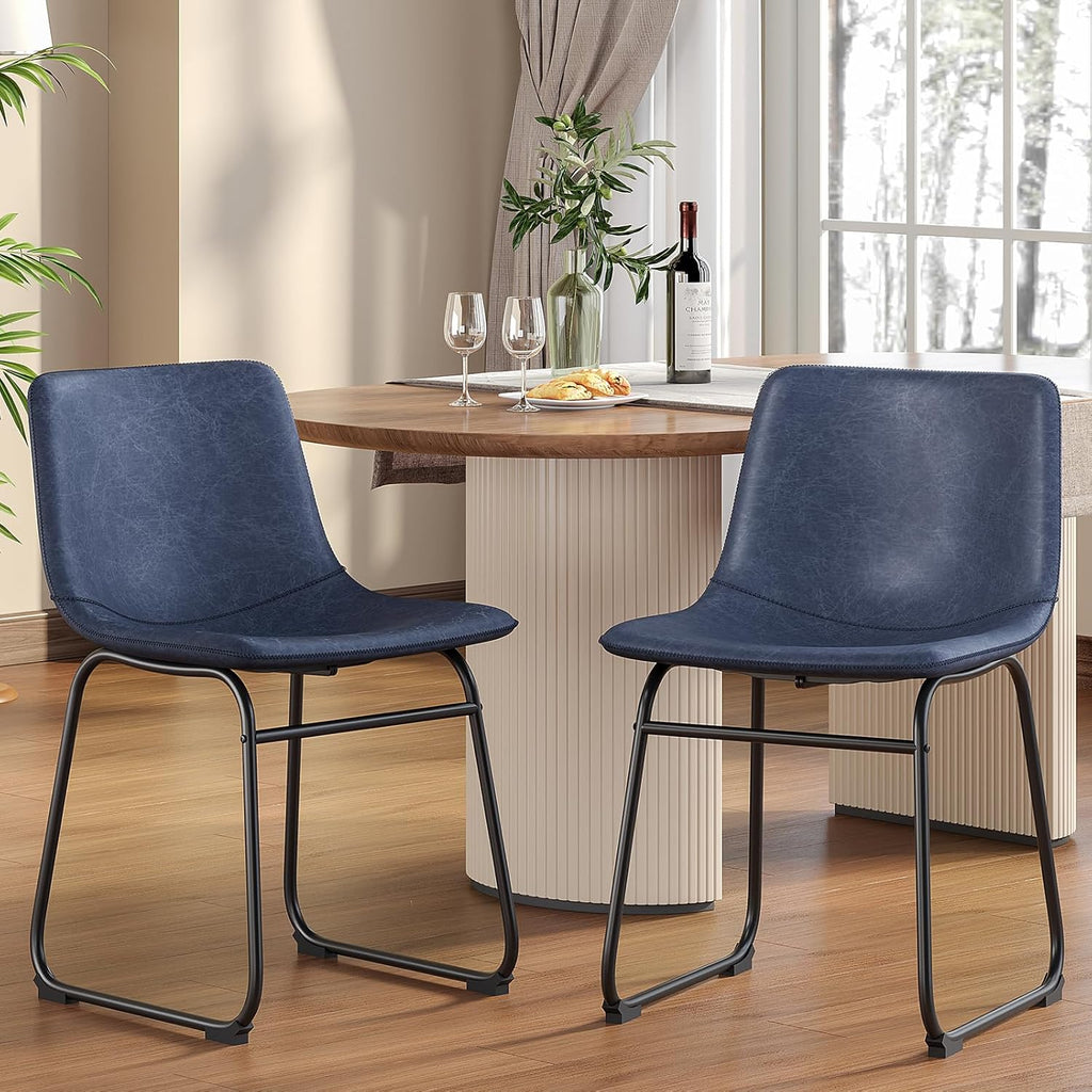 Dining Chairs Set of 2, 18 Inch Faux Leather Kitchen Chairs with Back, Modern Armless Dining Room Chair with Metal Legs for Home Bistro Coffee Shops (Blue)