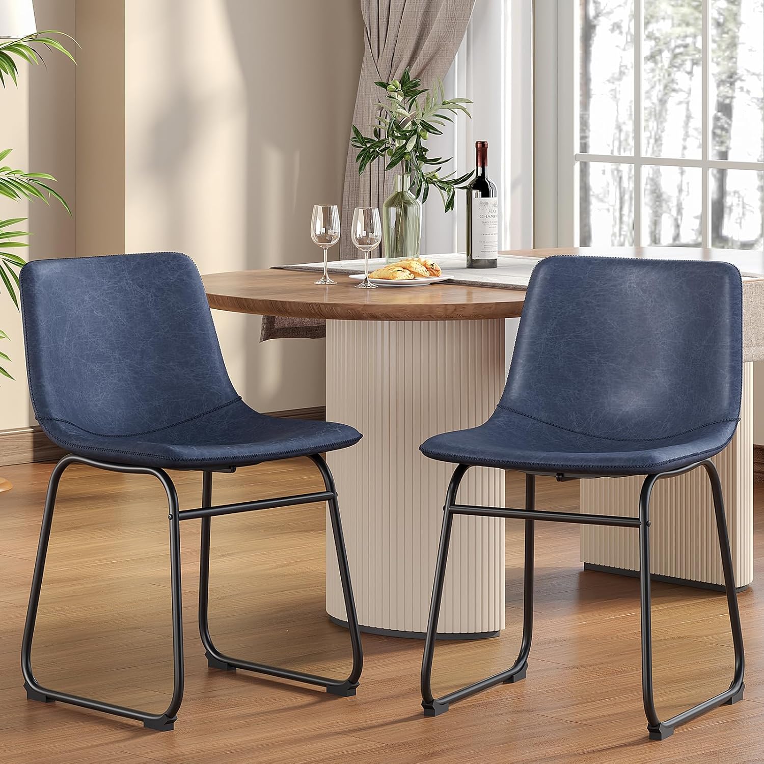 Dining Chairs Set of 2, 18 Inch Faux Leather Kitchen Chairs with Back, Modern Armless Dining Room Chair with Metal Legs for Home Bistro Coffee Shops (Blue)