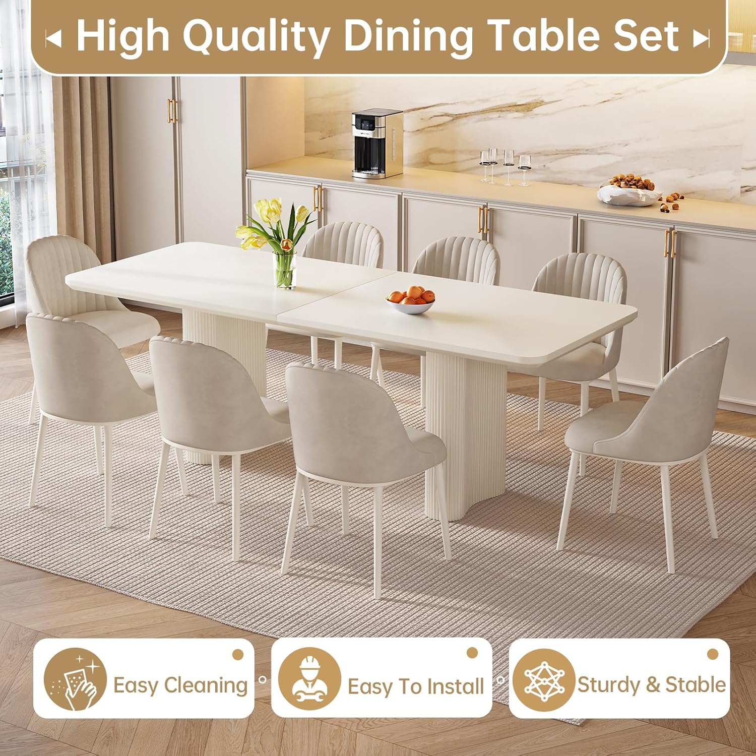 Guyii 78.97" White Rectangular Dining Table, Modern Kitchen Table, Indoor Dining Table for Kitchen, Bar, Living Room, Small Spaces, Easy Assembly, Table Only