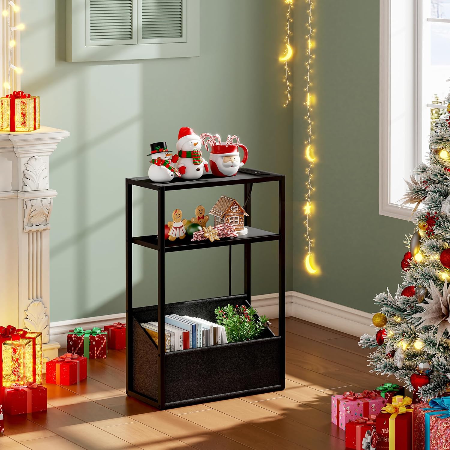 TUTOTAK Keep Phones Charged & Books Organized with Slim 3-Tier Side Table with Charging Station for Living Room Bedroom TB01BK095