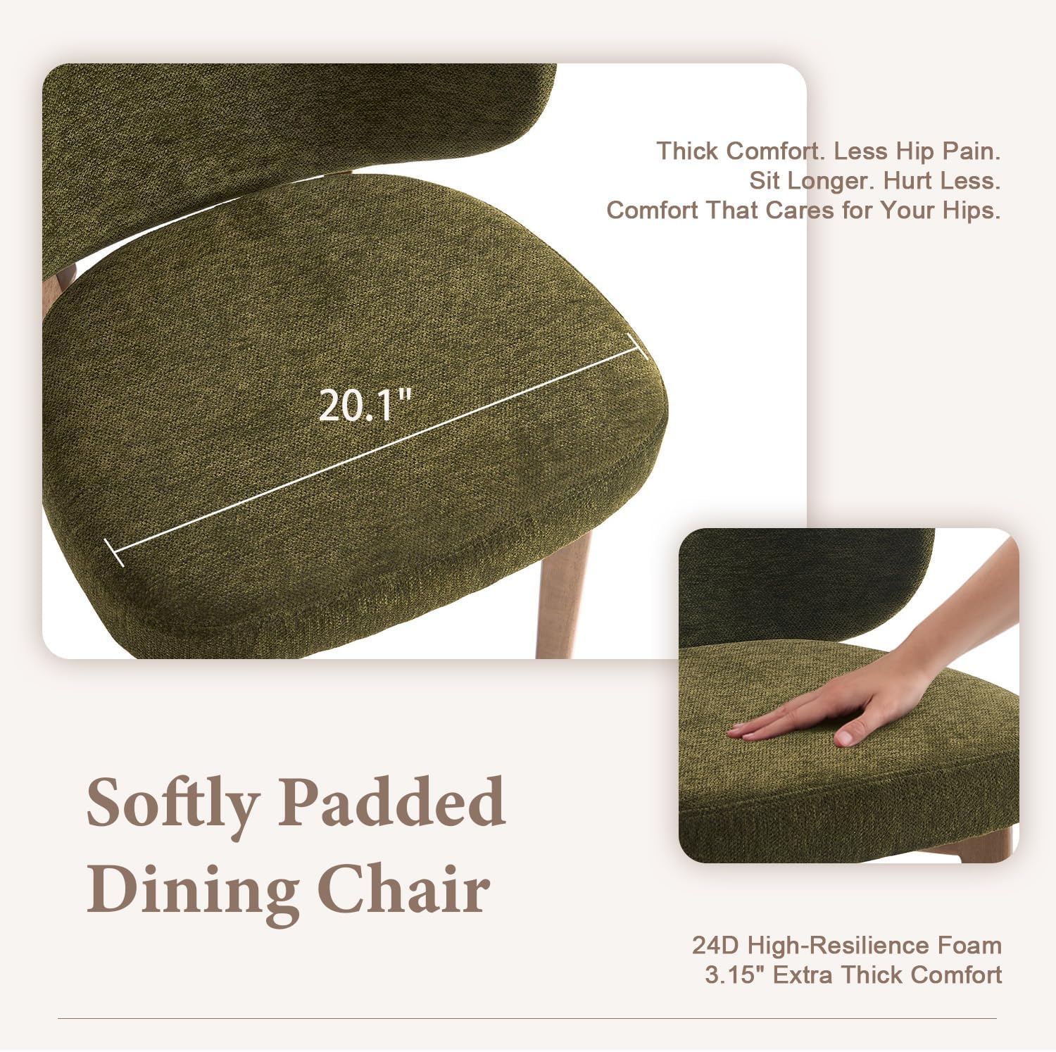 YOUNUOKE Upholstered Dining Chairs Set of 4, Modern Chenille Fabric Dining Room Chair with Wood Legs, Widen Backrest Comfy Armless Side Kitchen Chairs, Green