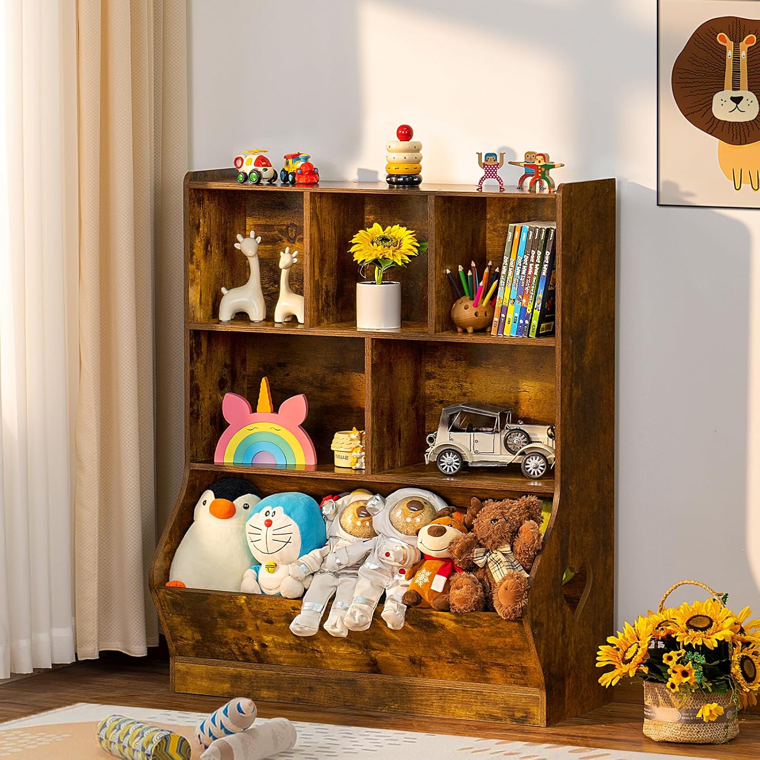 Lerliuo Kids Toy Storage Organizer, 3 Tier Children Small Bookcase and Bookshelf, Toddler 7 Cubby Toy Storage Cabinet, Toy Shelf for Playroom, Bedroom, Living Room, Nursery, School 29.53'' H (Brown)