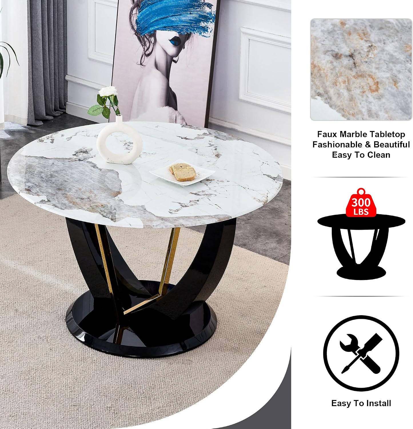 JUFU 48 Inch Round Dining Table for 4 to 6, Faux Marble Look, Modern Circle Kitchen Furniture with Stable Pedestal Base for Apartment, Dining Room, Living Room, Restaurant