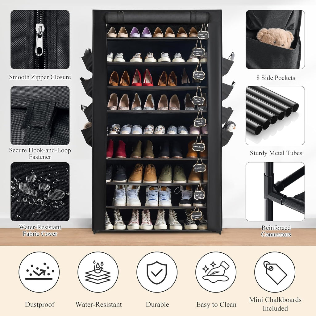 RevoHome Shoe Rack with Cover, 10 Tier Shoe Organizer for Closet, Holds 50 Pairs, Vertical Space Saving Shoe Storage Shelf with 8 Side Pockets & Chalkboard Labels for Entryway, Bedroom, Dorm