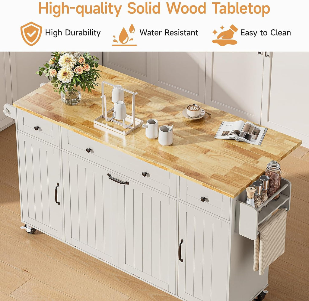ONBRILL 69" Kitchen Islands with Dual Trash Cabinets, Rolling Island Cart with Large Storage, Dining Table with Solid Wood Drop Leaf, Bar Table with Power Outlet & Spice & Towel Rack, White