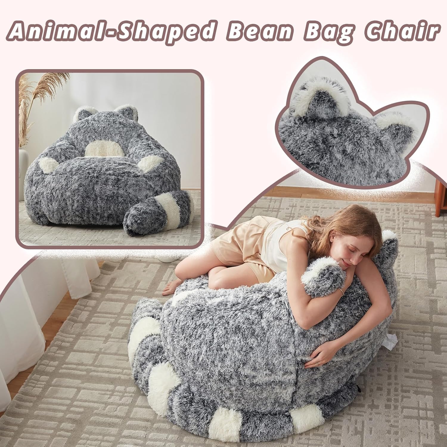EBENCHICO Giant Bean Bag Chair for Adults Teens, Raccoon Shaped Faux Fur Bean Bag Sofa with Filler, Plush Beanbag Couch with Tail Pillow for Gaming, Reading, Bedroom, Dorm