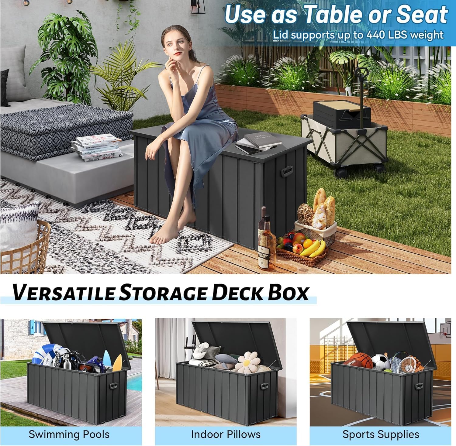Galvanized Steel Outdoor Storage Box Lockable Bench with Hydraulic Lid Wheels for Patio Backyard Pool Cushions Tools Package Storage (Dark Brown)