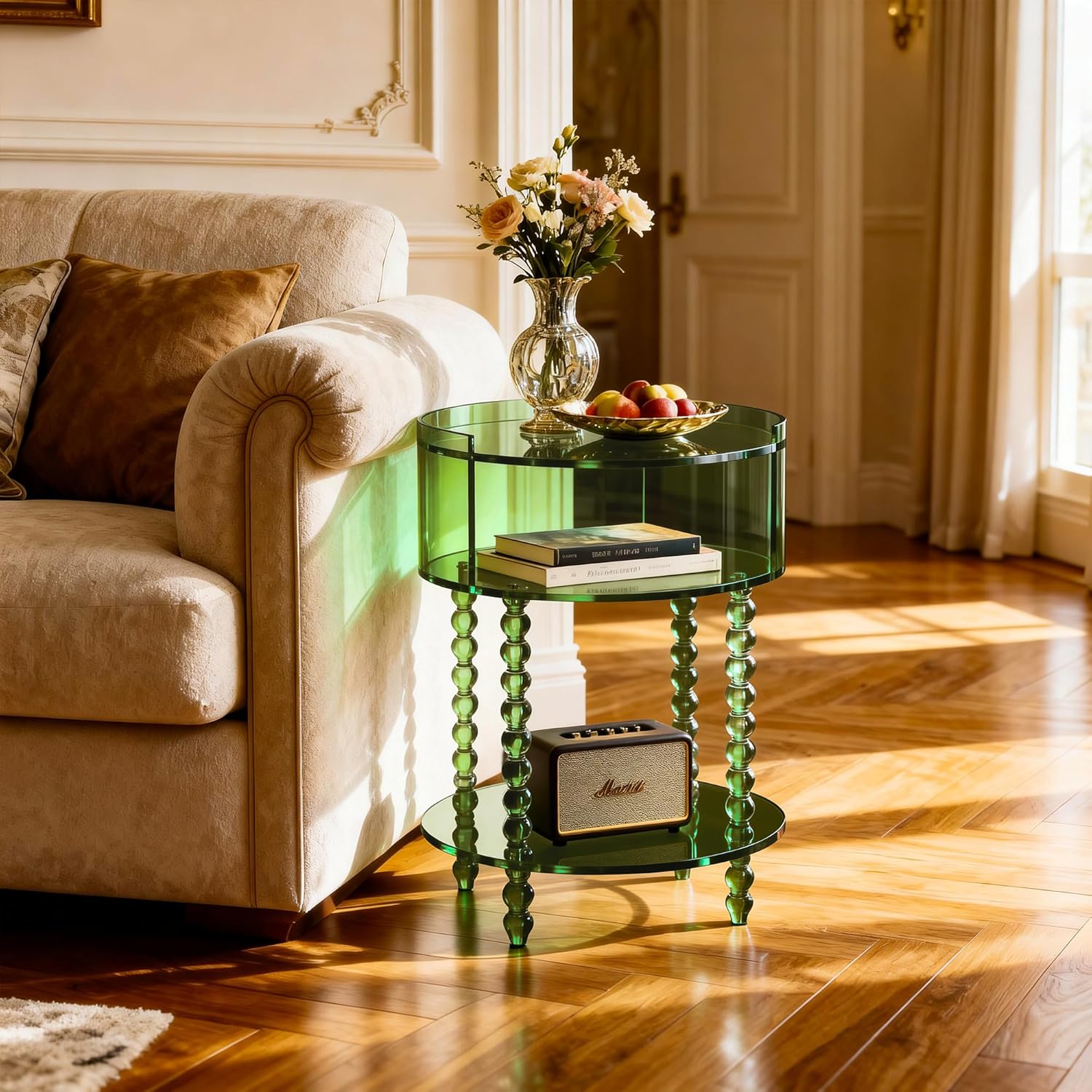 Modern Acrylic Round Side Table, End Table for Living Room, Clear Nightstand for Bedroom, Lobby and Office, Easy Assembly (Green, Nomal)