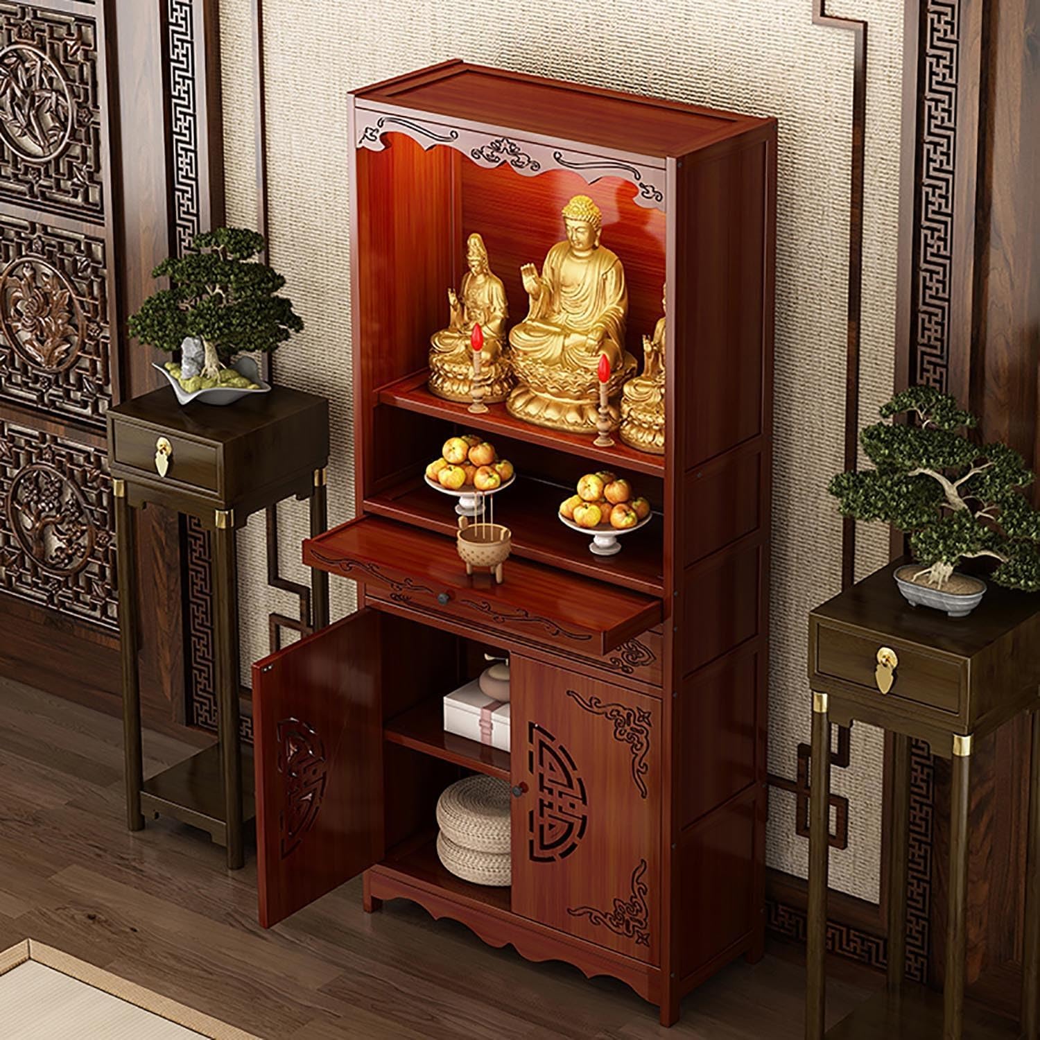 Altar Cabinet, Pooja Cabinet, Thick Bamboo Altar Table, Personal Meditation Temple for Temples and Homes, Meditation Shrine with Drawers & Storage(Style A,53cm/20.8in)