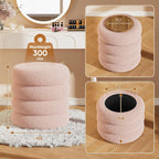 Soft Teddy Round Ottoman with Tray, 17.5 Inches Ottoman Coffee Table with Storage for Living Room, Vanity Stool with Storage Bedroom, Load up to 300 lb, No Assembly Required (Pink)