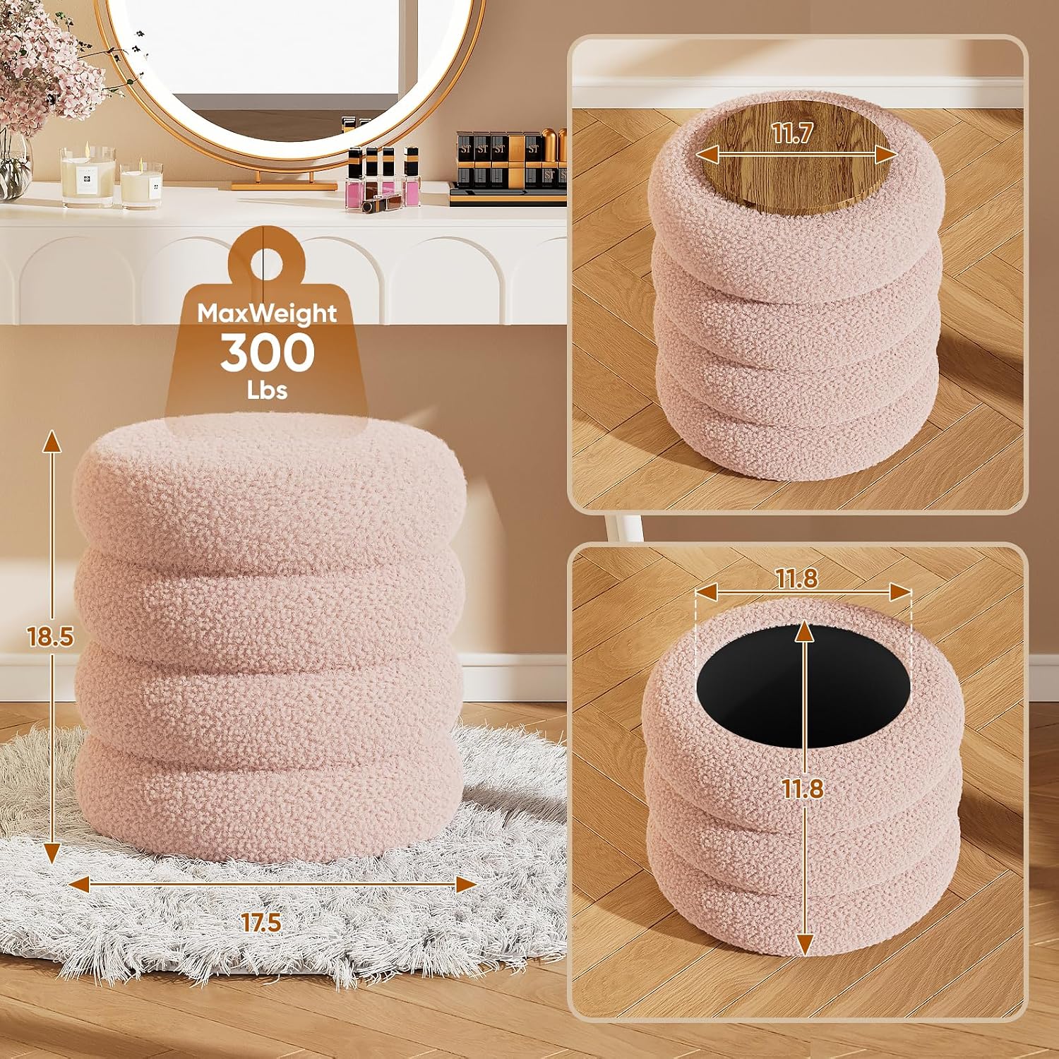 Soft Teddy Round Ottoman with Tray, 17.5 Inches Ottoman Coffee Table with Storage for Living Room, Vanity Stool with Storage Bedroom, Load up to 300 lb, No Assembly Required (Pink)