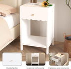 Kids Night Stand, Modern Nightstand with Drawer and Open Shelf, Scalloped Edge Small End Side Table for Living Room, Cute Minimalist Bedside Table for Kids Room or Girls' Room, White
