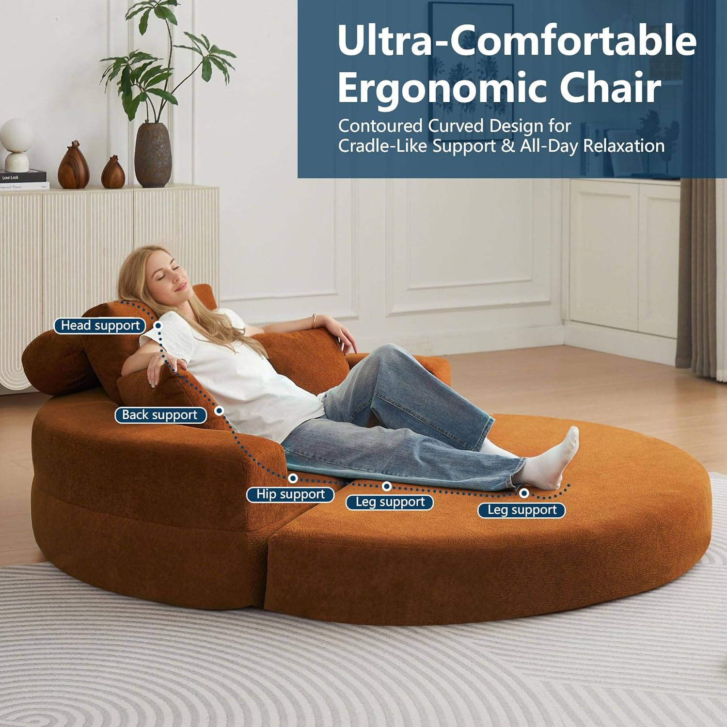 Mofolit 71 Inch Round Convertible Sofa Bed, Boneless Folding Floor Couch No Assembly Needed for Living Room, Apartment & Office (1, Orange, 71")