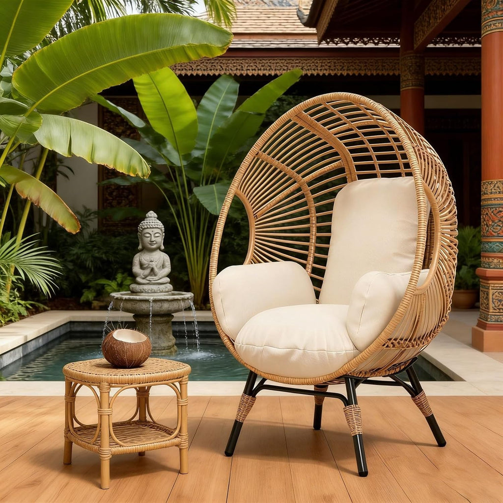 Balcony Chairs Wicker Egg Chair, 400lbs Capacity, Weather-Resistant PE Rattan, Indoor Outdoor Use(Natural)
