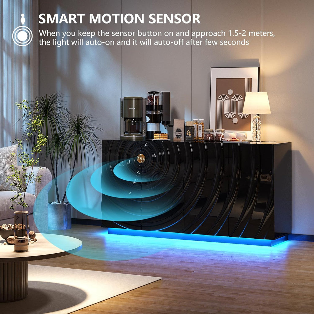 LVSOMT 63" High-Gloss Sideboard Buffet Cabinet with Storage, Large Coffee bar Cabinet with RGB Lights and Power Outlet, Modern Console with 4 Doors for Kitchen and Living Room, Black