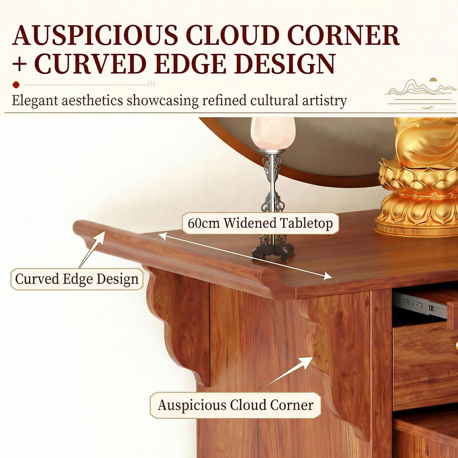 Multi-Tier Personal Shrine Altar Table with Drawer Storage, Large Wooden Buddhist Shrine Cabinet with Pull-Out Shelf, Detachable Meditation Table (Sandalwood, 84.6" L * 26.8" W * 42.5" H in)