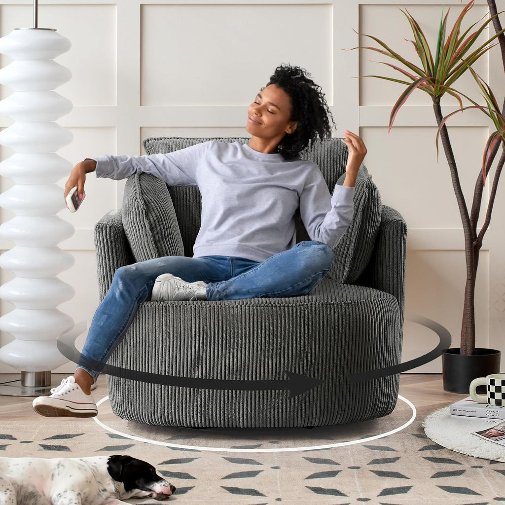 Swivel Accent Chair Round Barrel Armchair Upholstered Living Room Chair Corduroy Reading Chair Single Sofa Chair for Bedroom Apartment Office (Grey, Standard 1Seater)