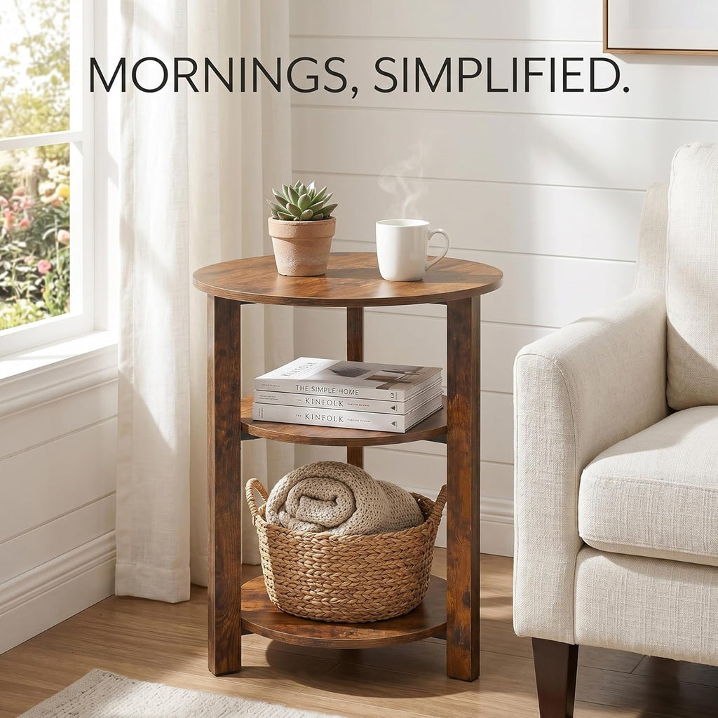 Farmhouse 3-Tier Round Side Table, 17.7*21.7inch End Table with Open Storage Shelf, Circular Nightstand Accent Table for Living Room, Bedroom,Wooden Table for Narrow and Small Spaces,Rustic Brown