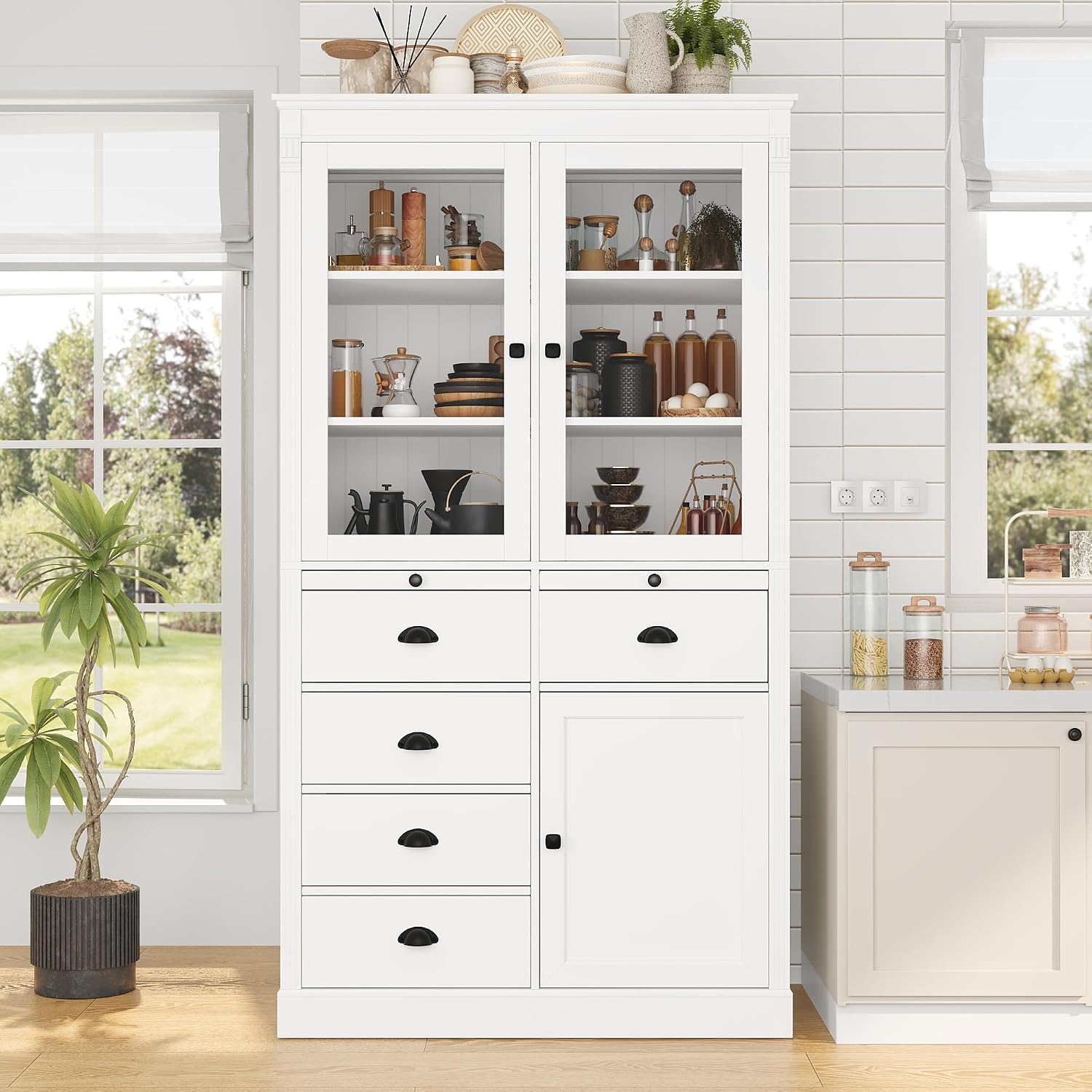72" H Kitchen Pantry with Glass Doors, Wooden Freestanding Display Storage Cabinet with 5 Drawers and Serving Trays, Large Cupboard with Adjustable Shelves for Kitchen, Dining Room, White