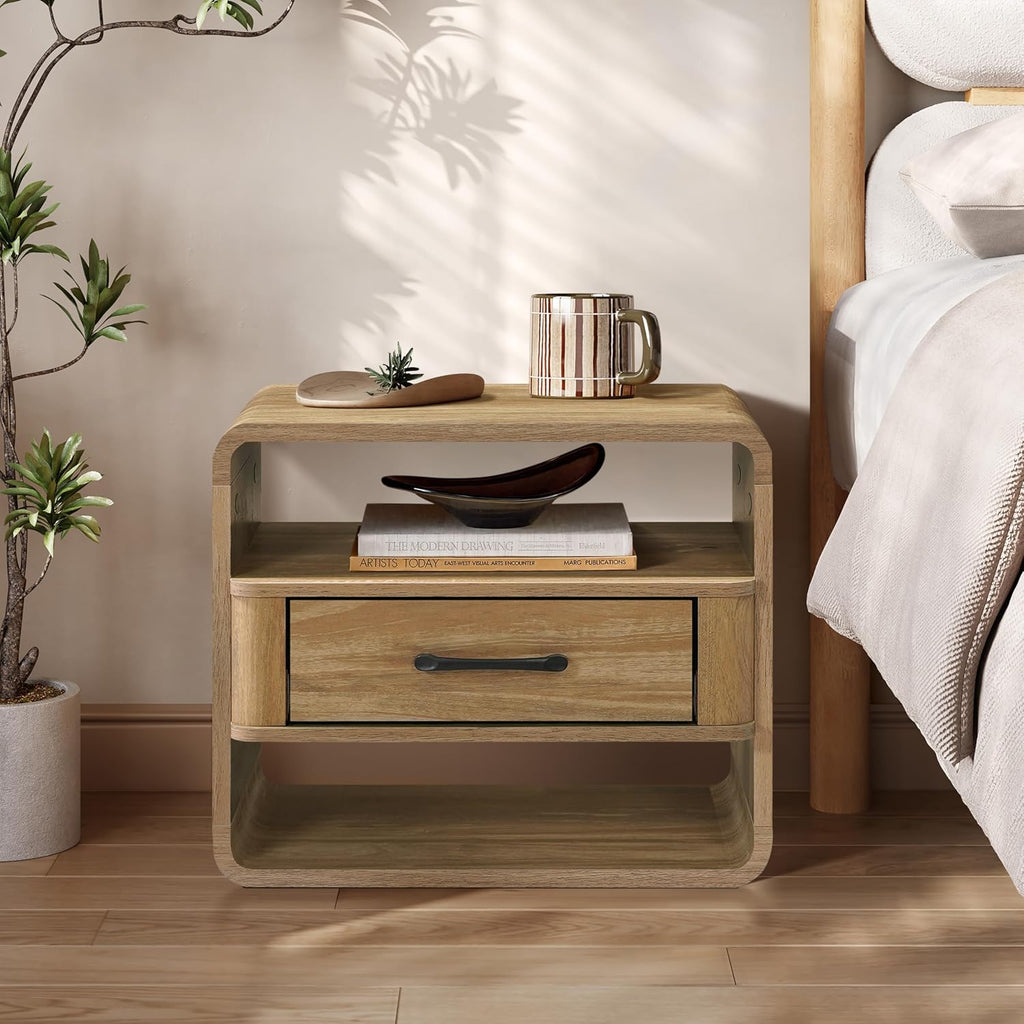 LuxenHome Modern Nightstand with Drawer and Open Shelf,15.7" H Wood Accent End Table and Night Stand with Rounded Corners, Small Bedside Table with Storage for Bedroom，Living Room
