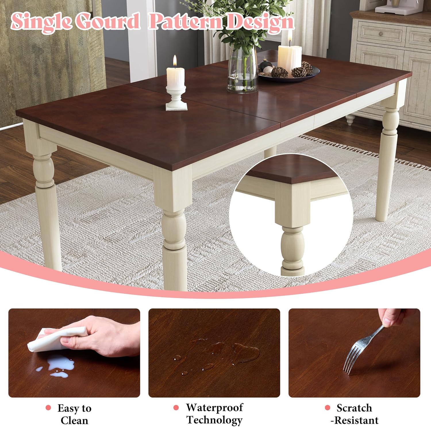 AMERLIFE 6-Piece Farmhouse Dining Table Set for 6-7, 60" Solid Wood Kitchen Table and Chairs, 1 Dining Table, 4 Upholstered Chairs and 1 Bench, Rustic Dining Room Set, Rustic White