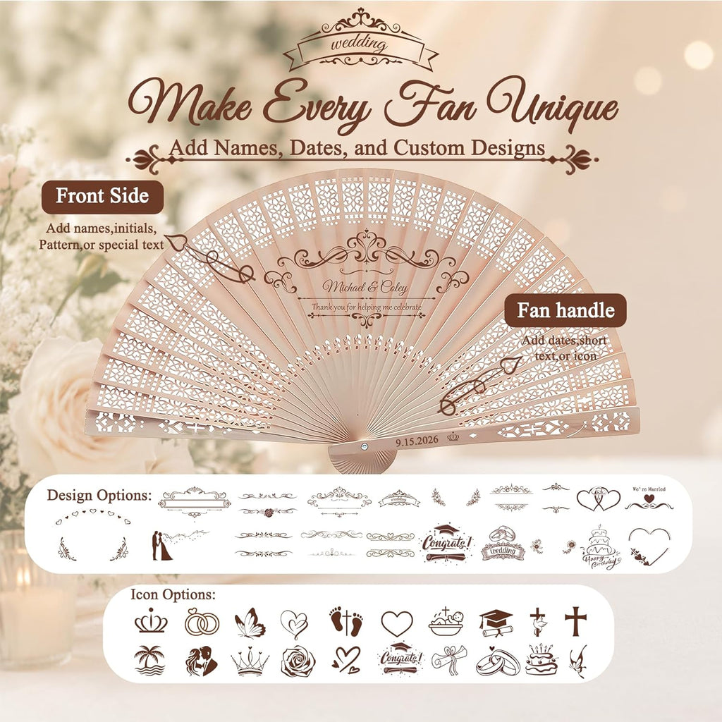 Personalized Wedding Fans for Wedding Guests Bulk, Custom Wooden Folding Handheld Fans with Tassels & Organza Bags, Wedding Favors, Party Gifts, Folding Fans, Gift for Guests (30PCS)