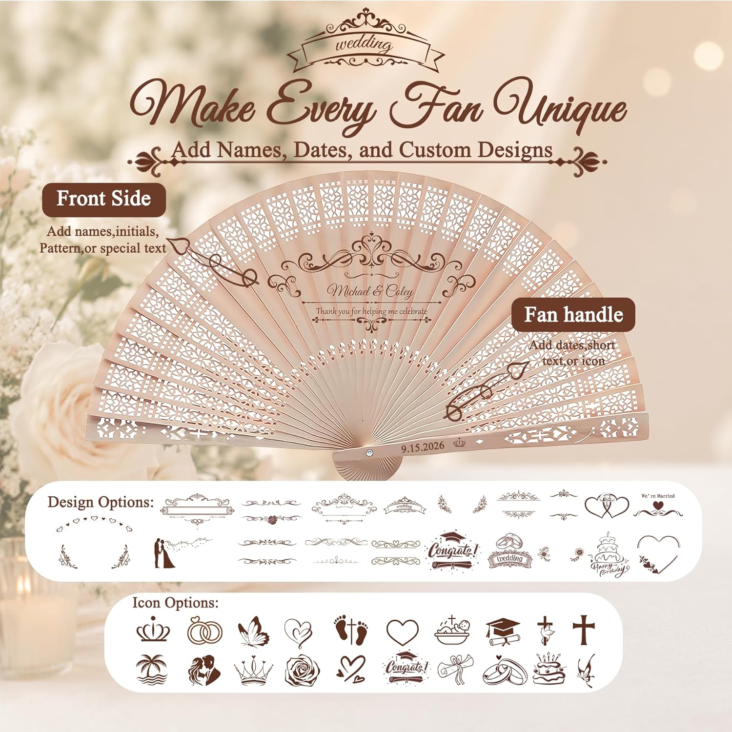 Personalized Wedding Fans for Wedding Guests Bulk, Custom Wooden Folding Handheld Fans with Tassels & Organza Bags, Wedding Favors, Party Gifts, Folding Fans, Gift for Guests (30PCS)