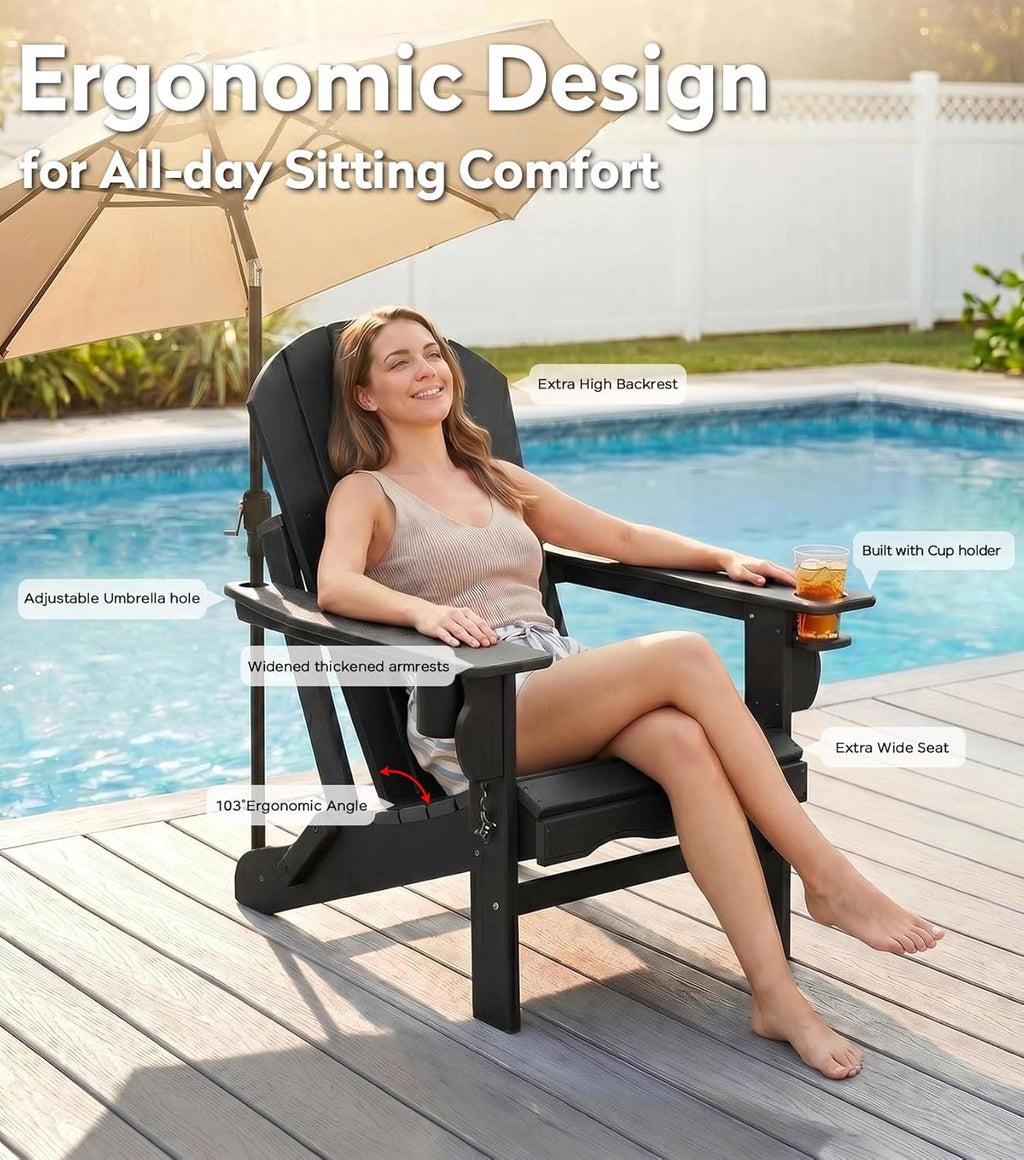 Folding Adirondack Chair, 25 Year Fade Proof Recycled HDPE Oversized Fire Pit Chair, 400 LBS Weight Capacity Outdoor Chair with Cup Holder, Umbrella Hole, Wood Texture for Patio Garden, Deck, Poolside