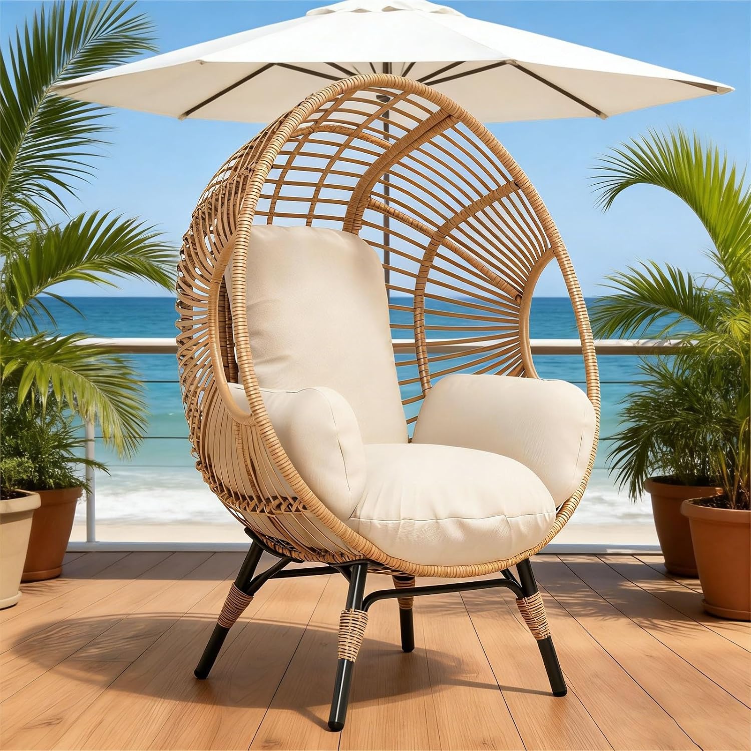 Wicker Egg Chair Indoor Outdoor, 400lbs Capacity, 8-Inch Cushion, Pill-Resistant Fabric Balcony Chairs(Natural)