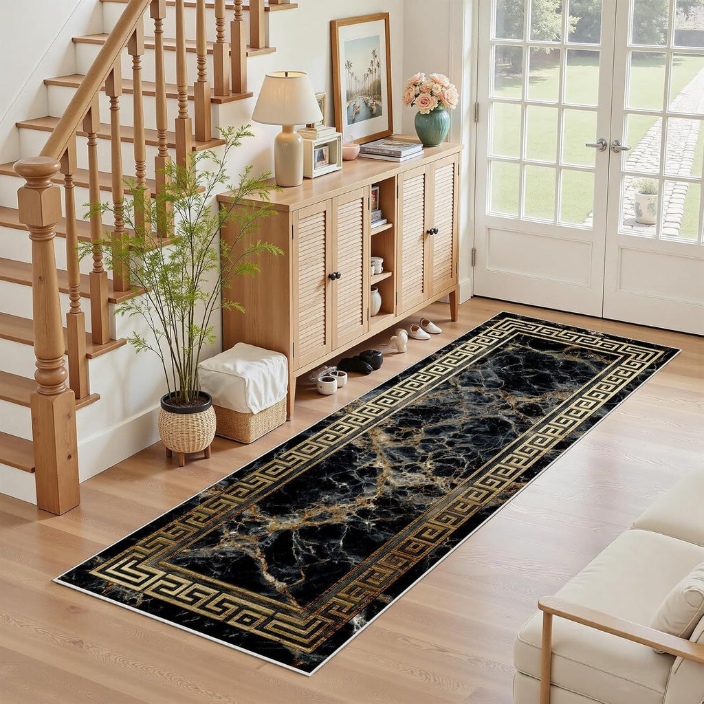 Greek Key Runner Rug 2x10 Washable Runners for Hallways, Non Slip Kitchen Runner Marble Printed Faux Wool Entryway Runner Indoor, Modern Black and Gold Floor Carpet for Hall Kitchen Bedroom