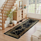 Greek Key Runner Rug 2x10 Washable Runners for Hallways, Non Slip Kitchen Runner Marble Printed Faux Wool Entryway Runner Indoor, Modern Black and Gold Floor Carpet for Hall Kitchen Bedroom