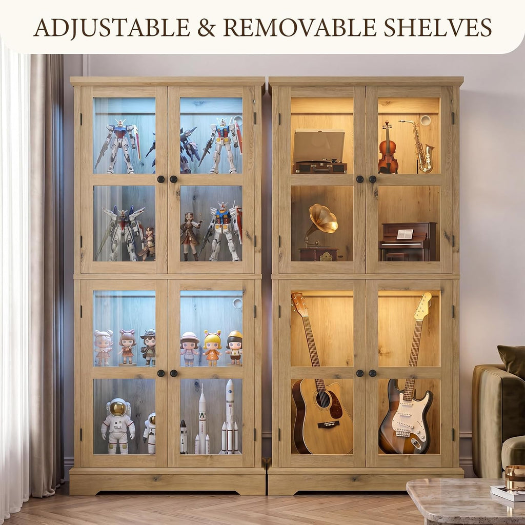 68" Tall Glass Display Cabinet with RGB LED Lights, Yellow Oak | 4-Tier Curio Cabinet with Glass Doors, Adjustable Glass Shelves, Display Case Bookcase for Collectibles and Figures