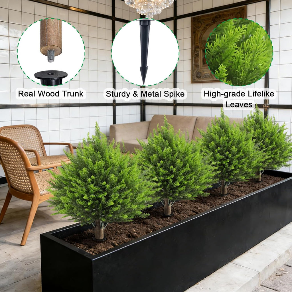 2 Set Artificial Cedar Topiary Ball Trees with Spike, 24" UV Resistant Fake Evergreen Shrubs Plants for Outdoor, Faux Cypress Bushes for Indoor Front Porch Garden