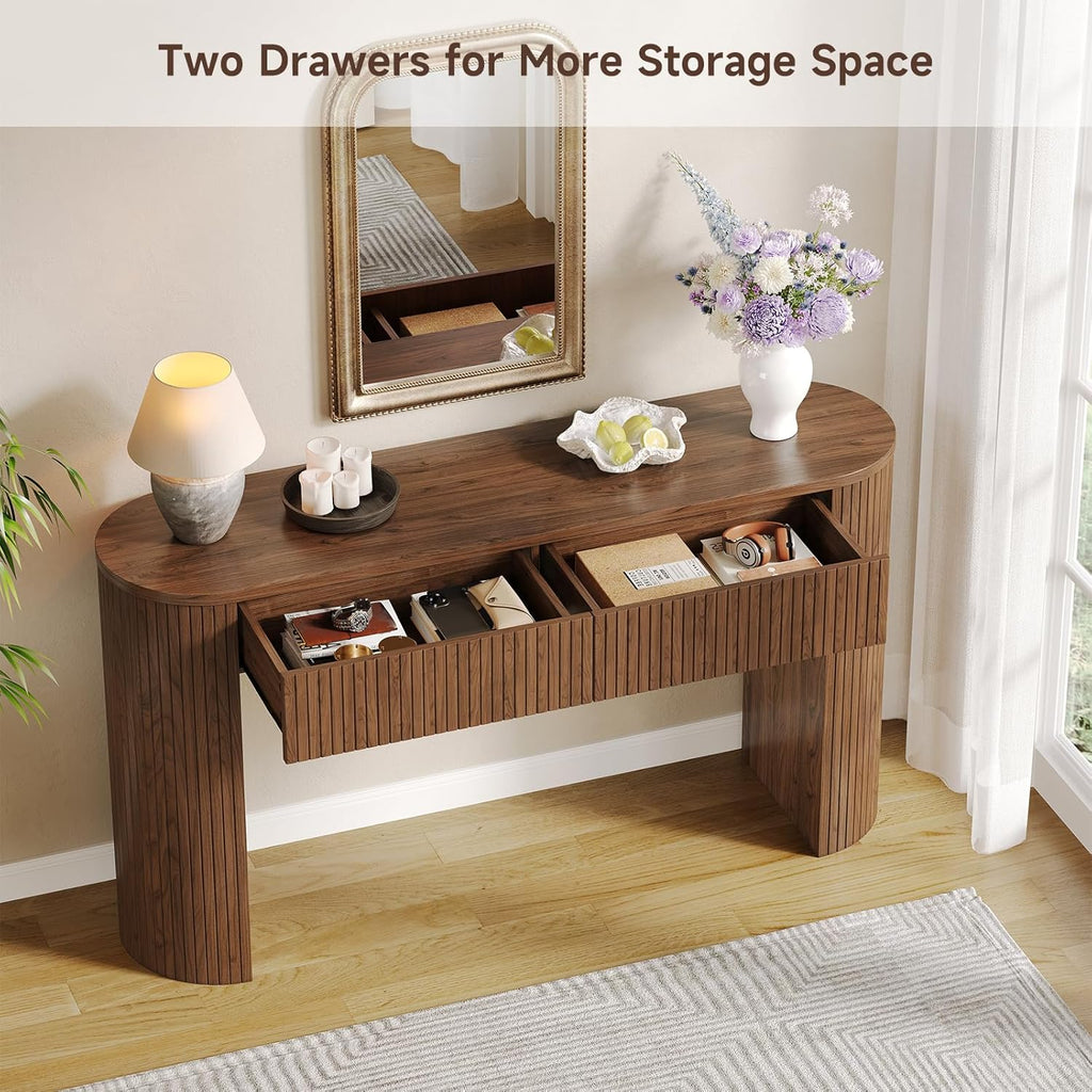 55 Inches Entryway Table with Storage, Mid-Century Console Tables with 2 Drawers, Modern Fluted Sofa Table Behind The Couch, Foyer Tables for Entryway, Couch,Livingroom Walnut
