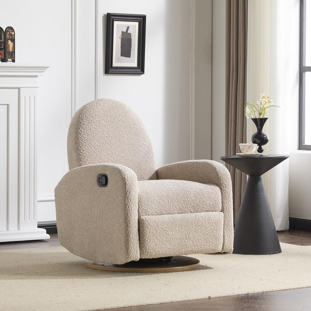 GDFStudio Swivel Glider Recliner Chair Nursery Rocker Recliner Chair with Boucle Upholstered High Back Single Seat Sofa Chair with Deep Seat Manual Nursing Reclining for Living Room, Almond