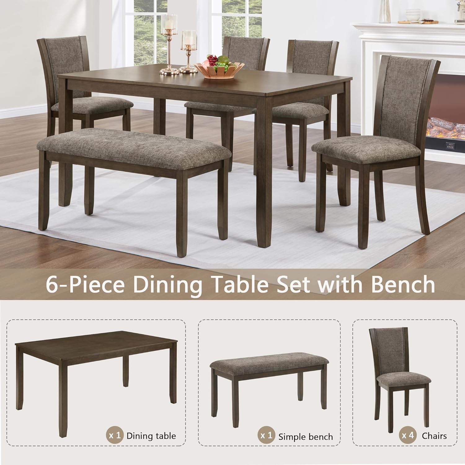 JIJIWANG 6-Piece Dining Table Set with Bench and Chairs, Wooden Dining Table for 6 People, Farmhouse Rustic Style 6 Person Dining Table Set for Dining Room Kitchen Dark Walnut