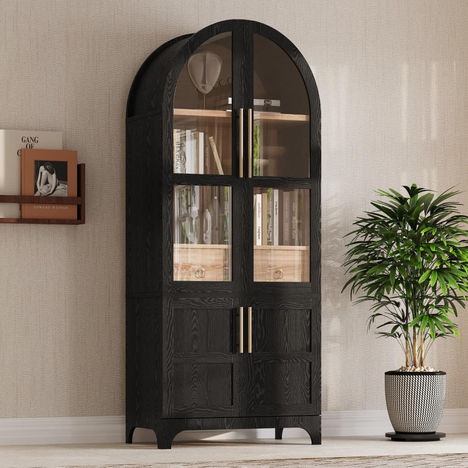 Hassyee Arched Kitchen Pantry Cabinet with Door Shelves, Farmhouse Kitchen Storage Cabinet with Open & Adjustable Shelves, Hidden Drawer & Glass Door, Cupboard for Kitchen, Dining Room (Black)