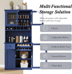35.4''W Farmhouse Kitchen Pantry with Hutch, Freestanding Sideboard Buffet Cabinet with Wine Rack and Adjustable Shelves, Tall Pantry Storage Cabinet for Dining Room Kitchen, Blue